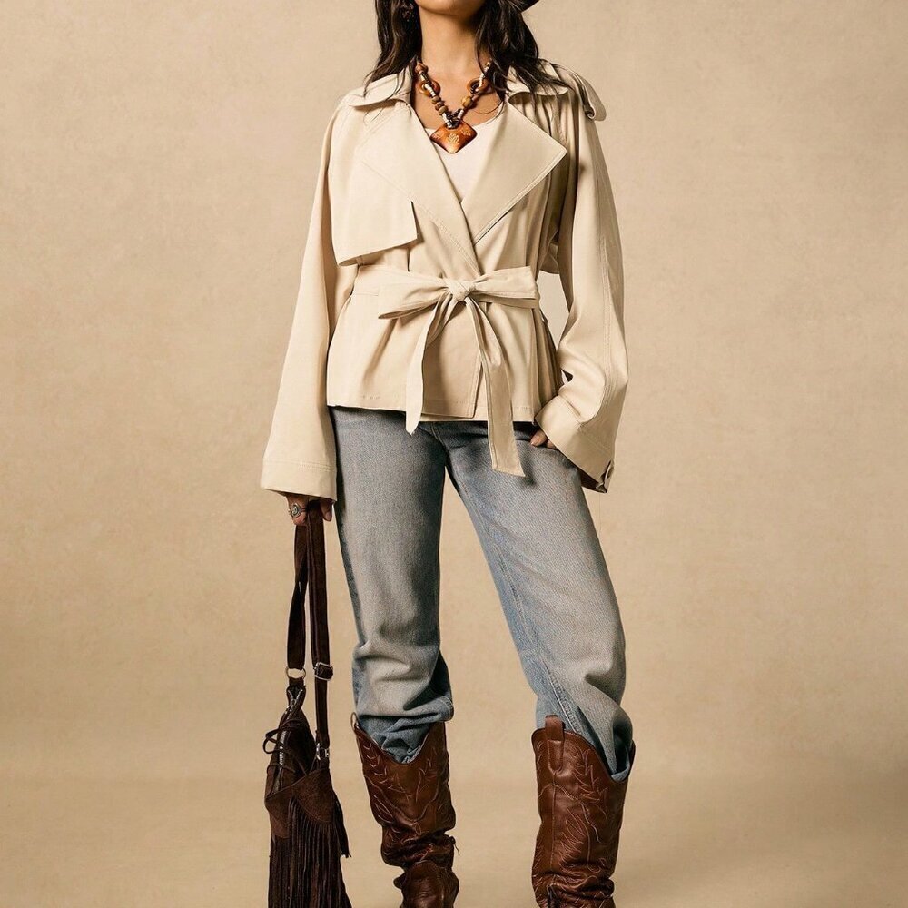 Apricot Casual Women's Minimalist Tie-Up Loose Short Trench Coat - Picture 3 of 7